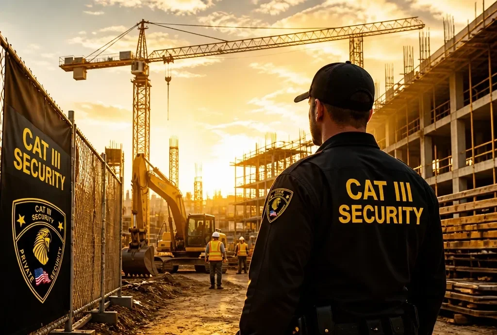CAT III Security officer overseeing an active construction site