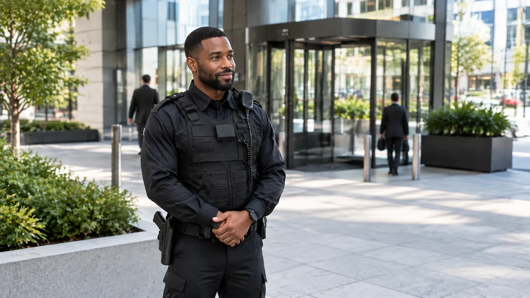 Armed security guard in uniform with a CAT III shield badge outside a secure business facility
