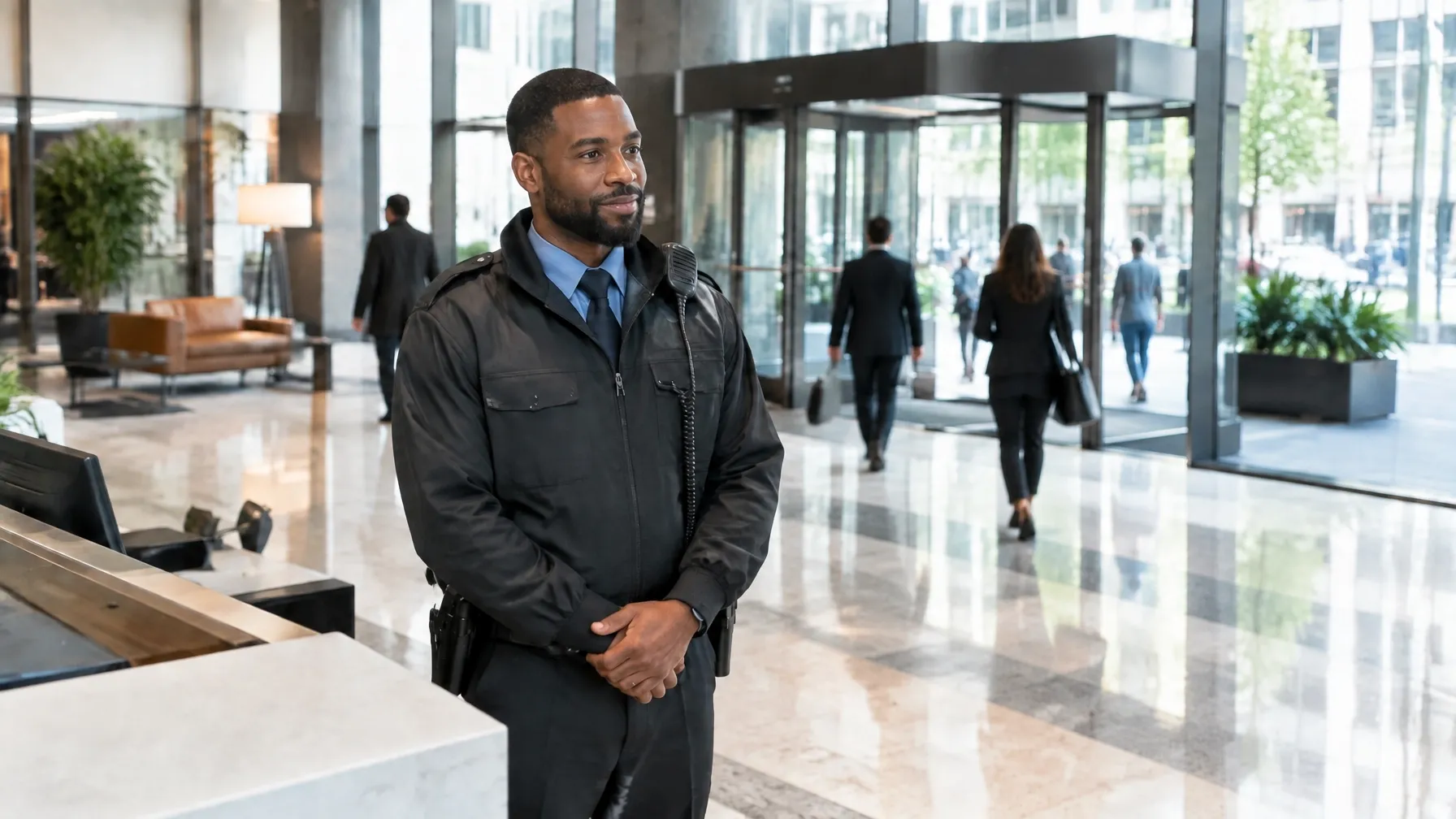 Security officer monitoring the entrance of a contemporary commercial property