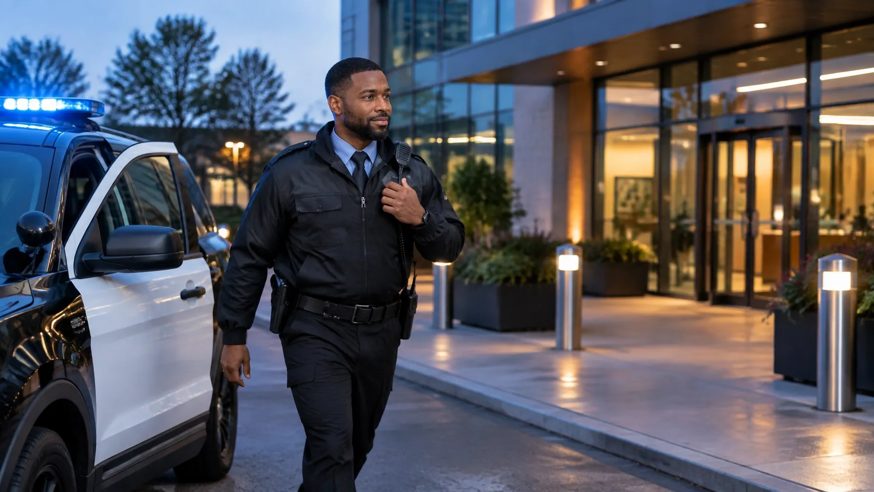 Security officer arriving at a commercial property for rapid response