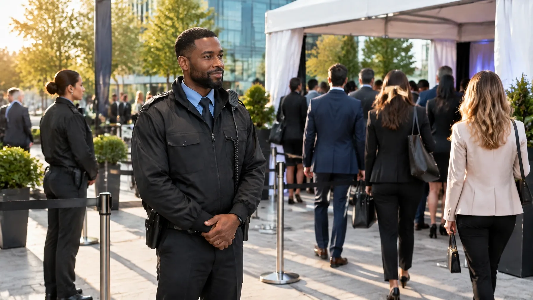 Security officers monitoring guest flow at an outdoor corporate event