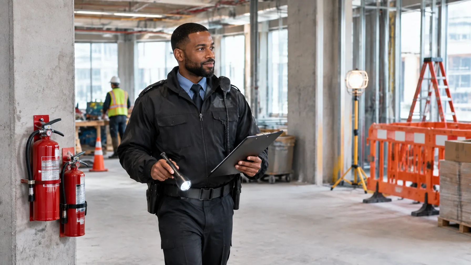 Fire watch officer inspecting a construction interior with a flashlight and clipboard