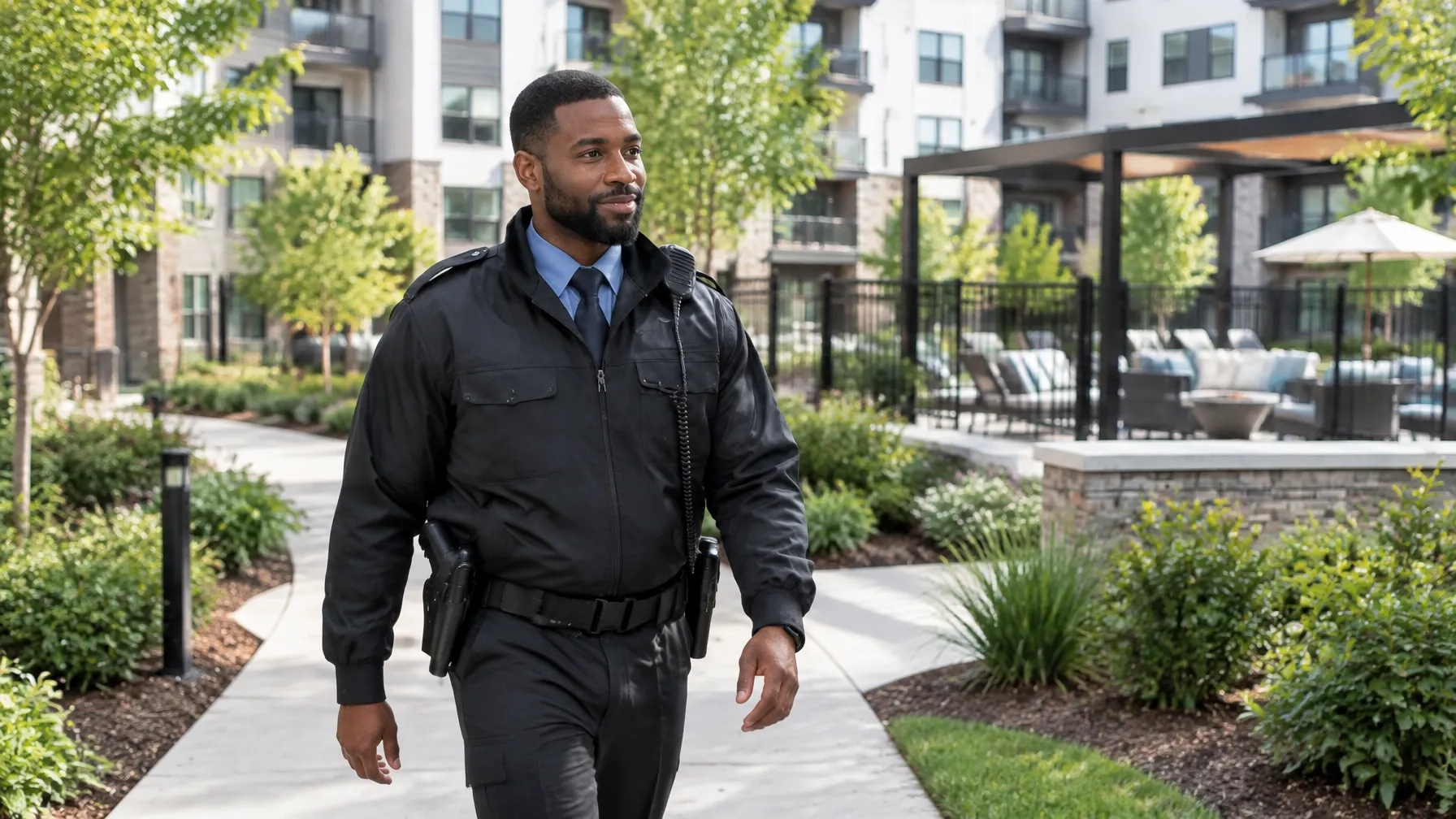 Security officer walking through an apartment community courtyard