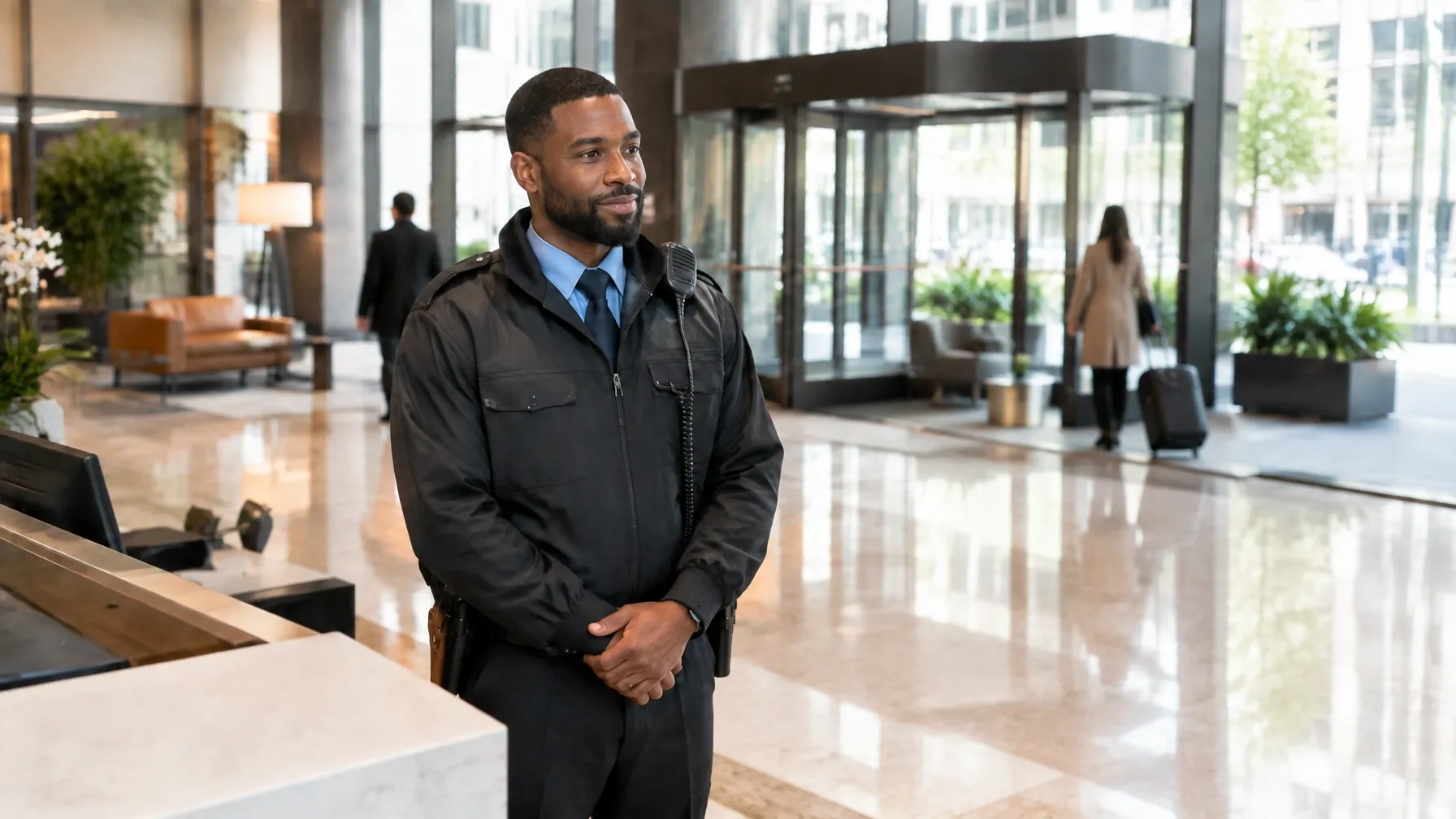 Security officer monitoring a hotel lobby near the front desk
